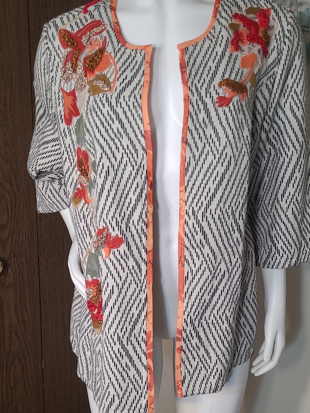 Chico's Cream and Black Open-Front Cardigan with Coral Floral Embroidery